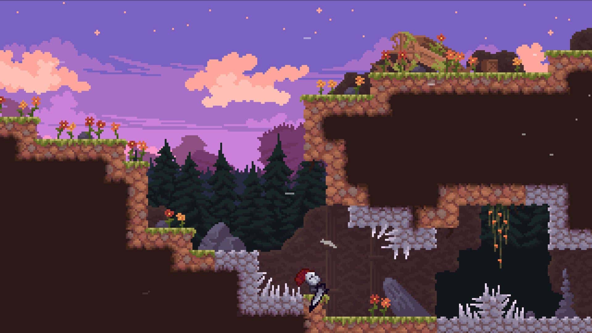 The knight wields his heavy sword at the bottom of a pixel platform world.